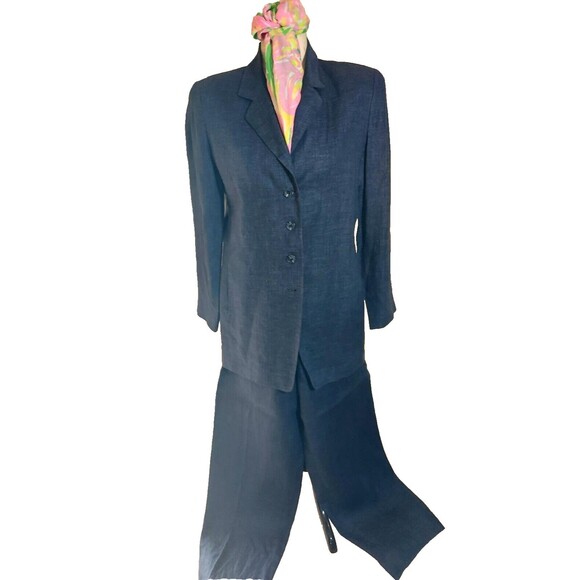 Linda Allard Ellen Tracy Blue Linen Jacket Pant Suit Women's Size 10 Long - Picture 1 of 16